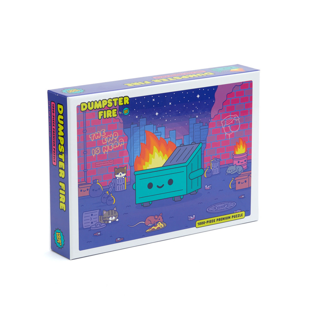 Dumpster Fire Puzzle box with puzzle pieces in front of it