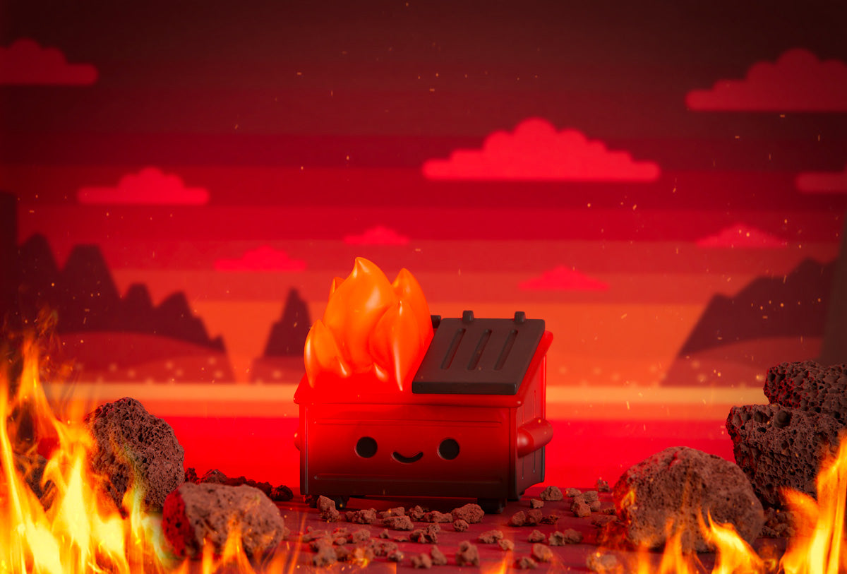 Hellfire Dumpster Fire pictured in a red flamed background