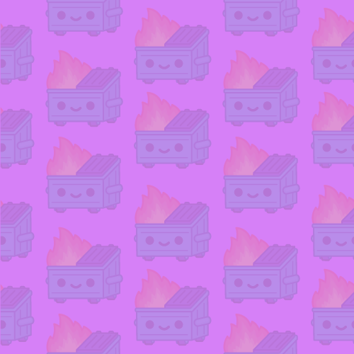 pink background with translucent dumpster fire cartoon 
