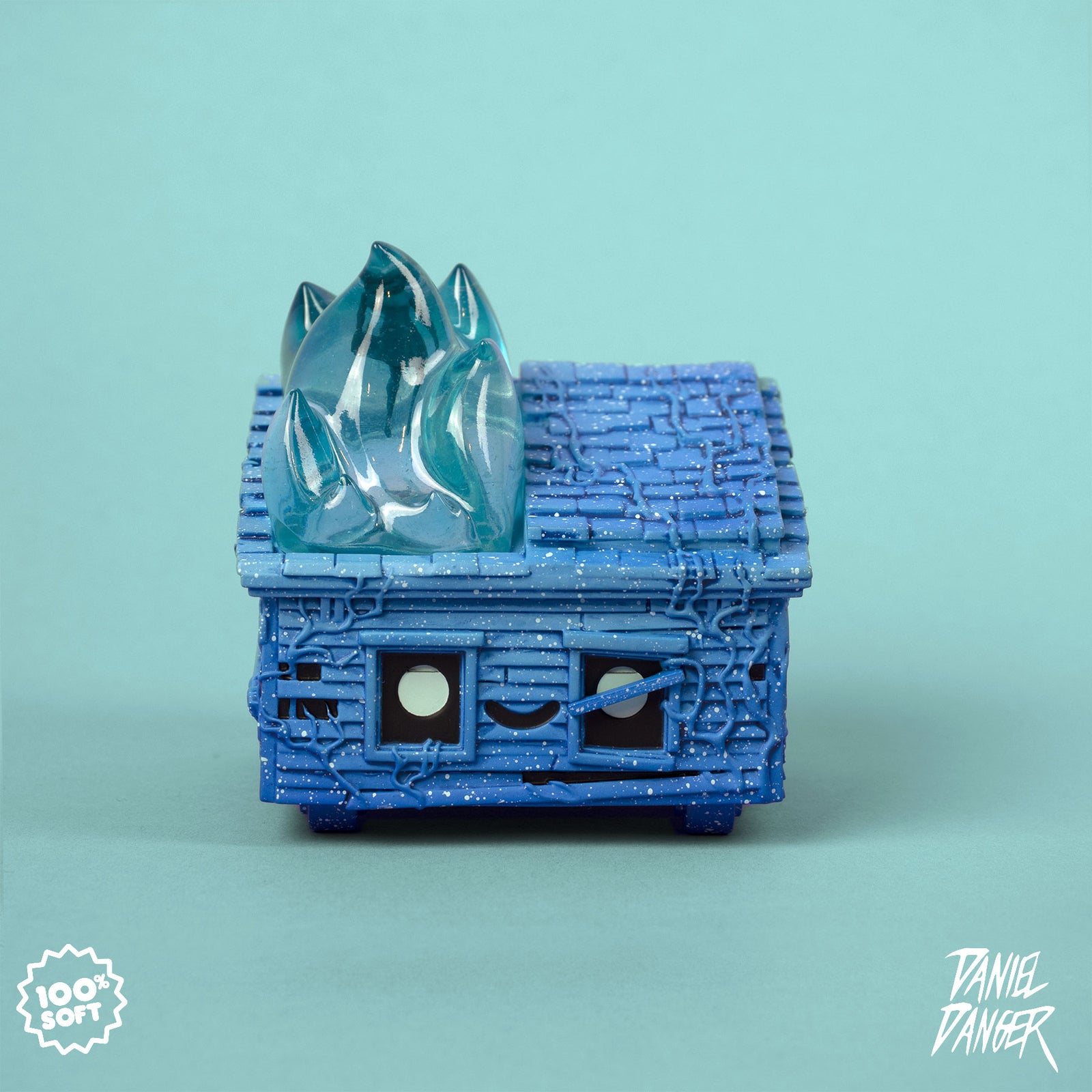 Blue Dumpster Fire with wood texture with a blue flame with box.