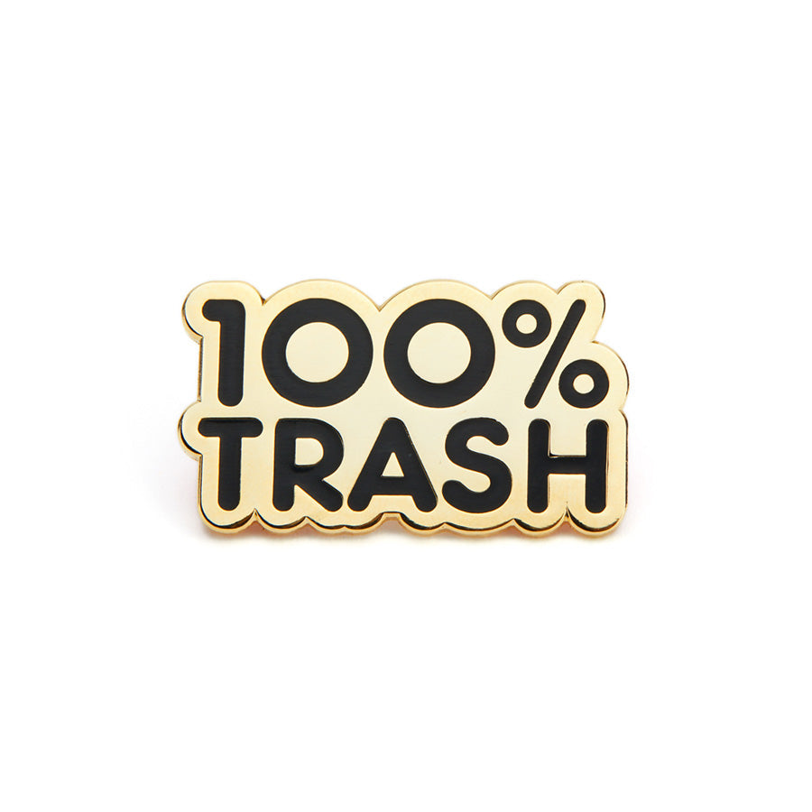 Gold pin with 100% Trash in black