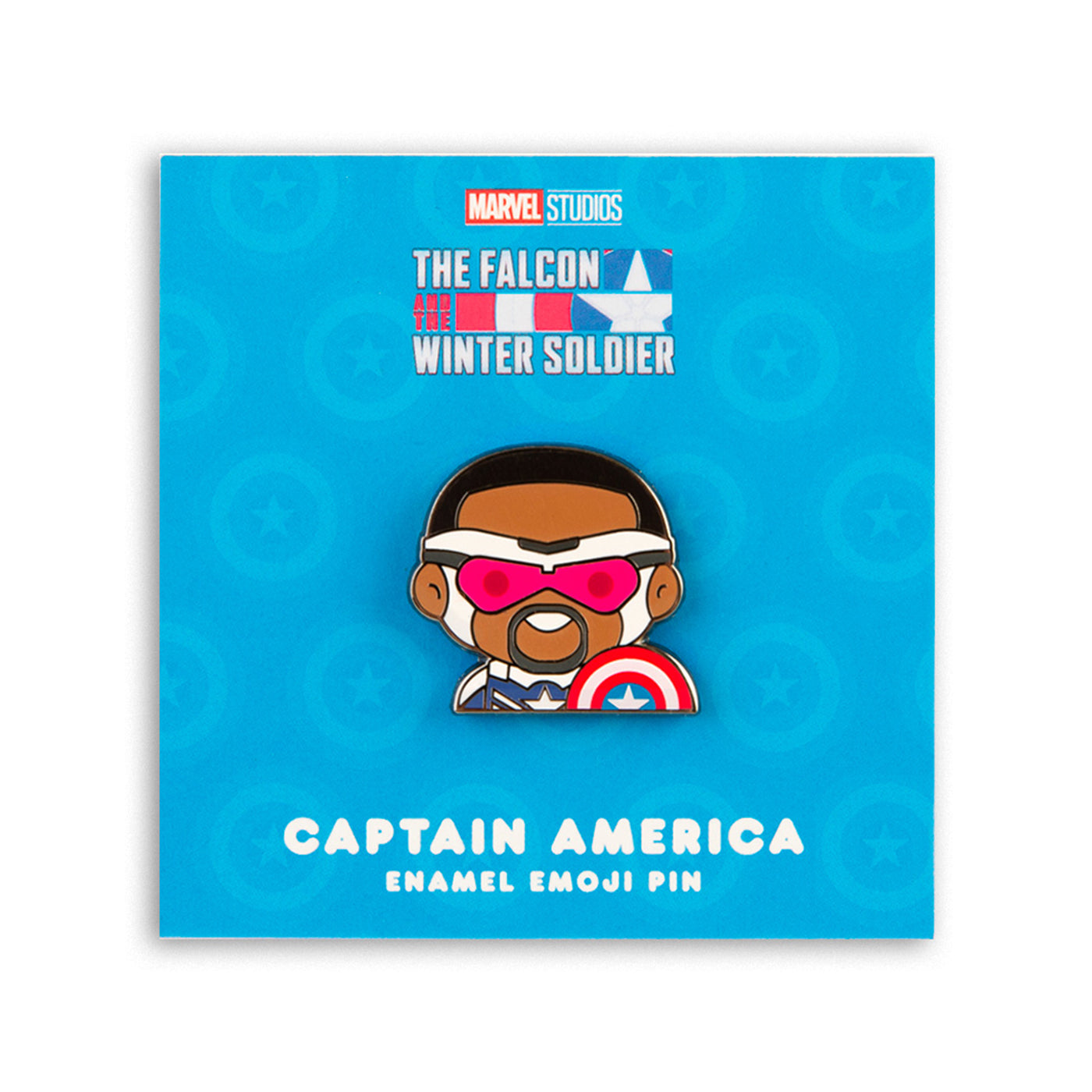 Captain America (Sam Wilson) Enamel Pin on blue card backing. 