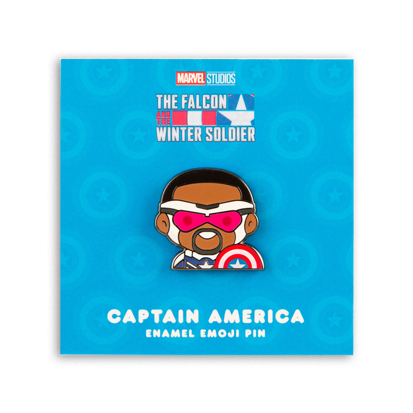 Captain America (Sam Wilson) Enamel Pin on blue card backing. 