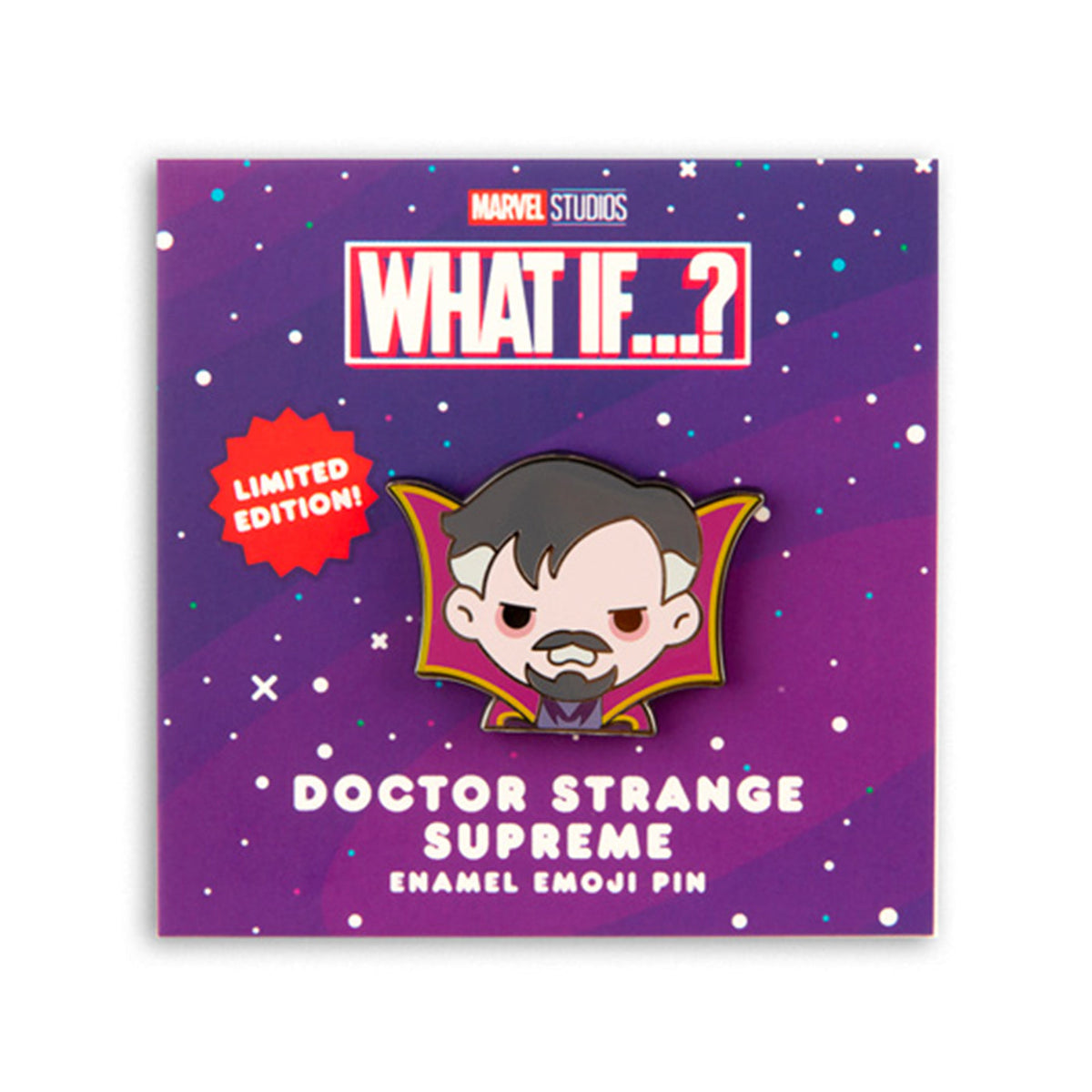 Doctor Strange Supreme Enamel Pin on its card backing. 