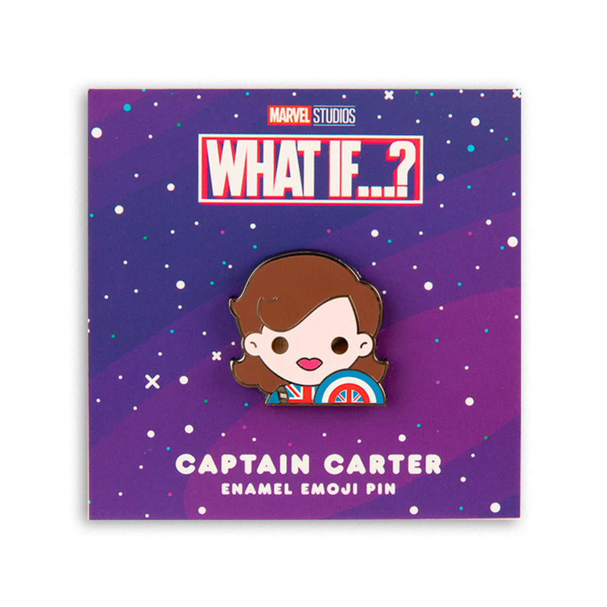 Captain Carter Enamel Pin on its pink and blue card backing. 