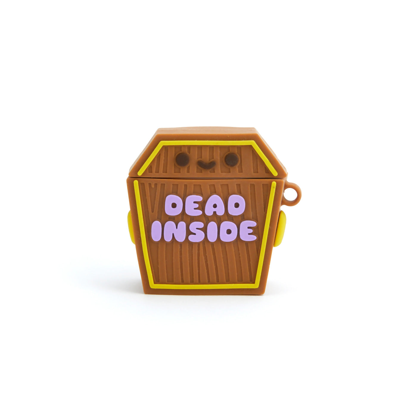 Air Pod case in the shape on a coffin with a happy face on it and Dead Inside on the front in purple. 