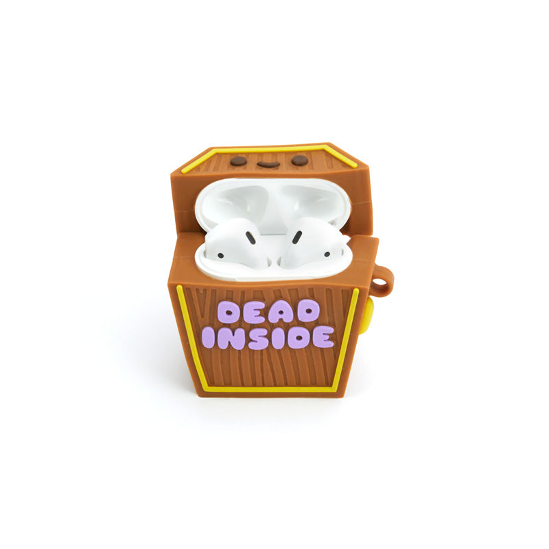 Air Pod case in the shape on a coffin with a happy face on it and Dead Inside on the front in purple. 