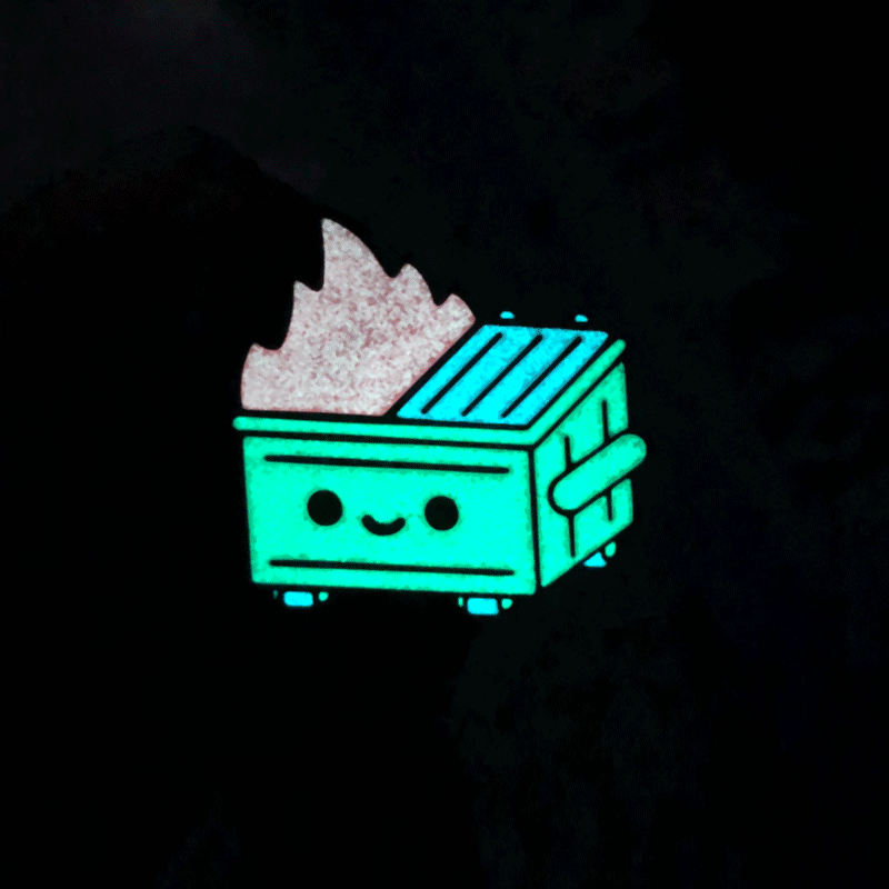 A moving image that switches between the pink glowing in the dark and it in regular light. 