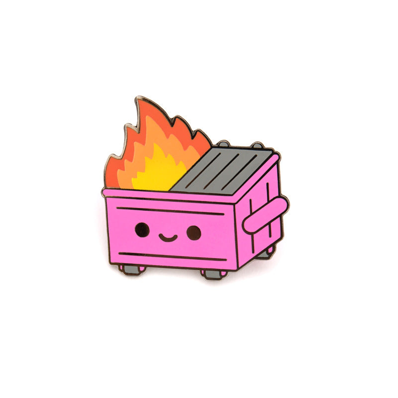 A pin of a pink dumpster fire with a happy face and orange and yellow flames.