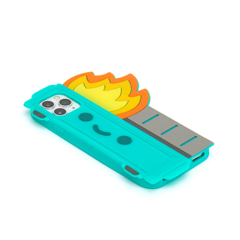 A green with orange flames Dumpster Fire iPhone 11 Pro Silicone Phone Case pictured with the phone face down and the case showing. 