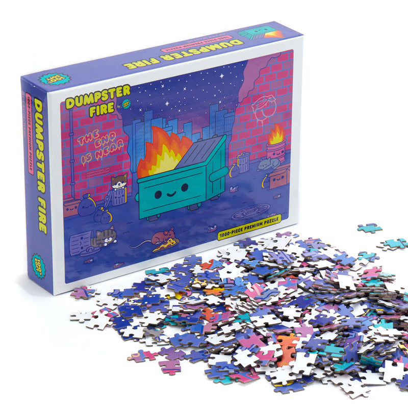 Dumpster Fire Puzzle box with puzzle pieces in front of it